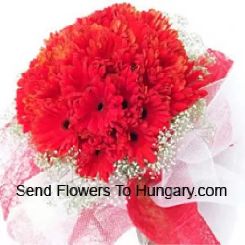 Un magnifique bouquet de 37 Gerberas rouges avec des remplissages saisonniers