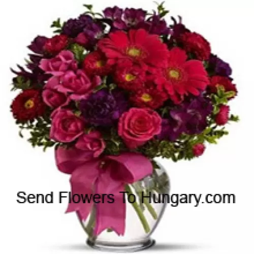 Pink Roses, Red Gerberas And Other Assorted Flowers Arranged Beautifully In A Glass Vase -- 37 Stems And Fillers
