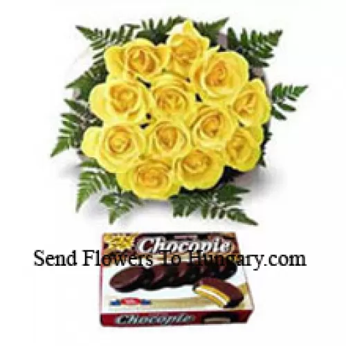 Bouquet de 11 roses jaunes et une boîte de chocolat