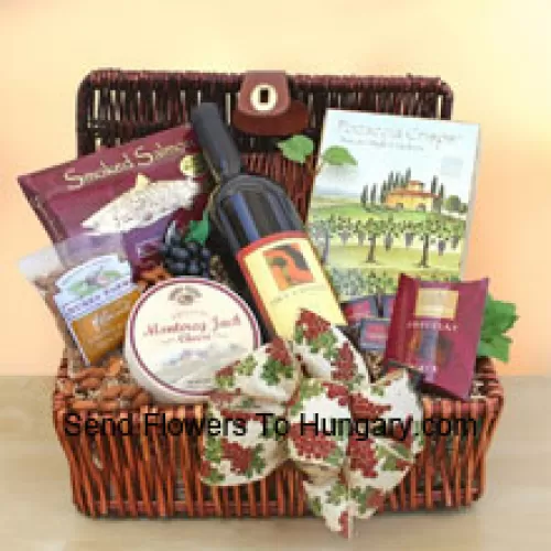 This Gift basket includes a hearty red  wine along with tasty smoked salmon, creamy cheese, focaccia crisps, almonds, and chocolate squares. (Contents of basket including wine may vary by season and delivery location. In case of unavailability of a certain product we will substitute the same with a product of equal or higher value)