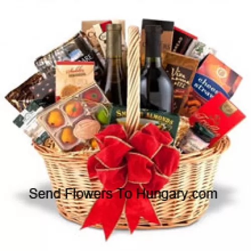 This Gift Basket includes two well-regarded red wines, Specialty crackers, Delicious cheese, savory dips, Smoked seafood, Cookies, Candies and Gourmet coffees or fine teas. (Contents of basket including wine may vary by season and delivery location. In case of unavailability of a certain product we will substitute the same with a product of equal or higher value)
